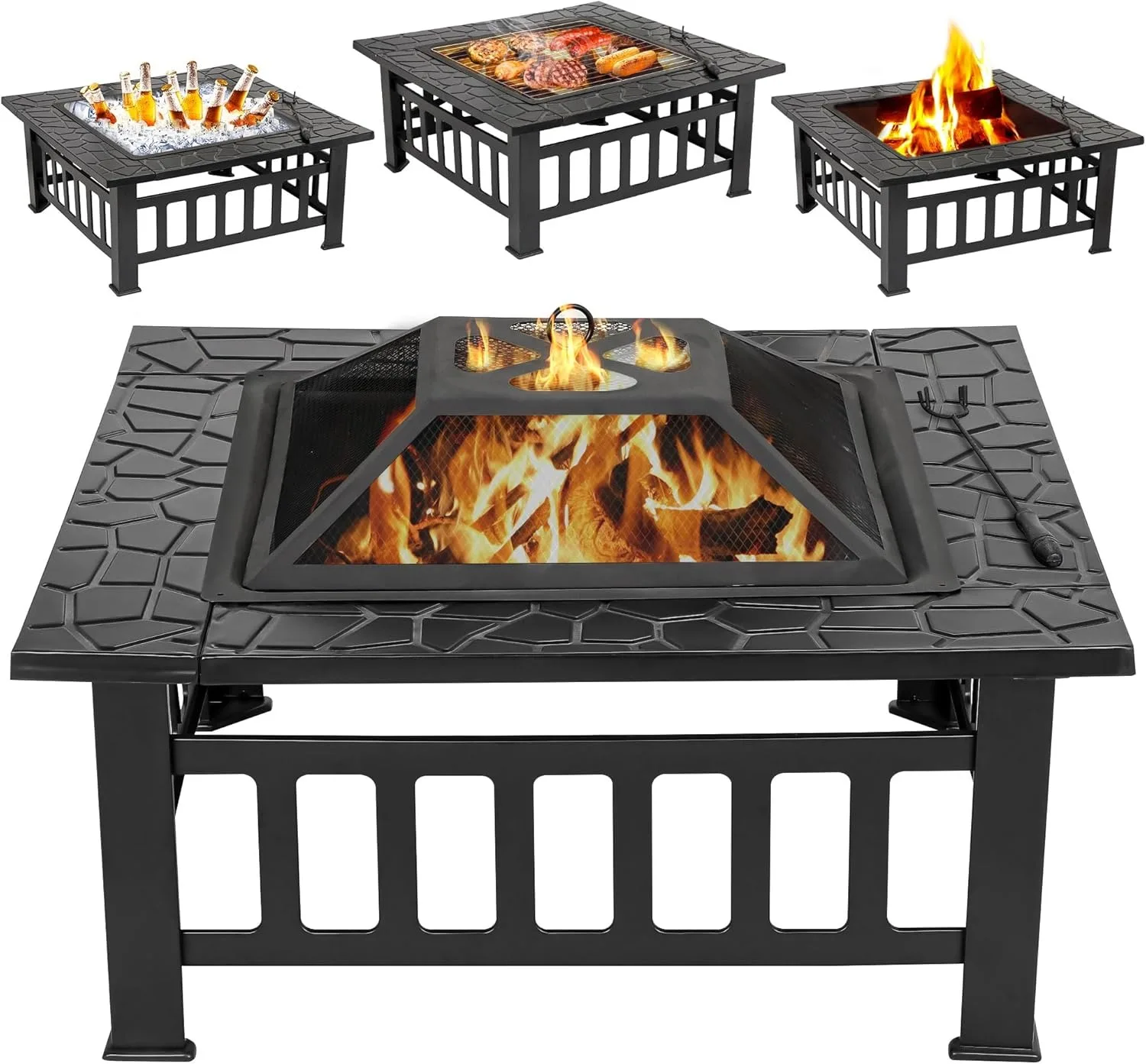 

32 Inch Outdoor Fire Pit with Spark Screen Lid Square Metal Firepit Backyard Patio BBQ Garden Stove Camping Heating Bonfire