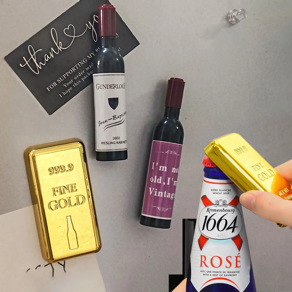 

2pcs Funny Gold Bar Red Wine Bottle Opener Refrigerator Magnets Blackboard Whiteboard Photo Message Fridge Magnets Decorative
