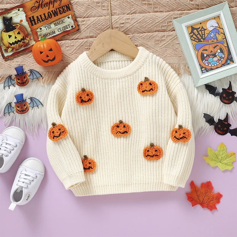 Baby Sweater Long Sleeve Crew Neck Pumpkin Warm Winter Pullover Sweater Halloween Clothes for Girls Boys