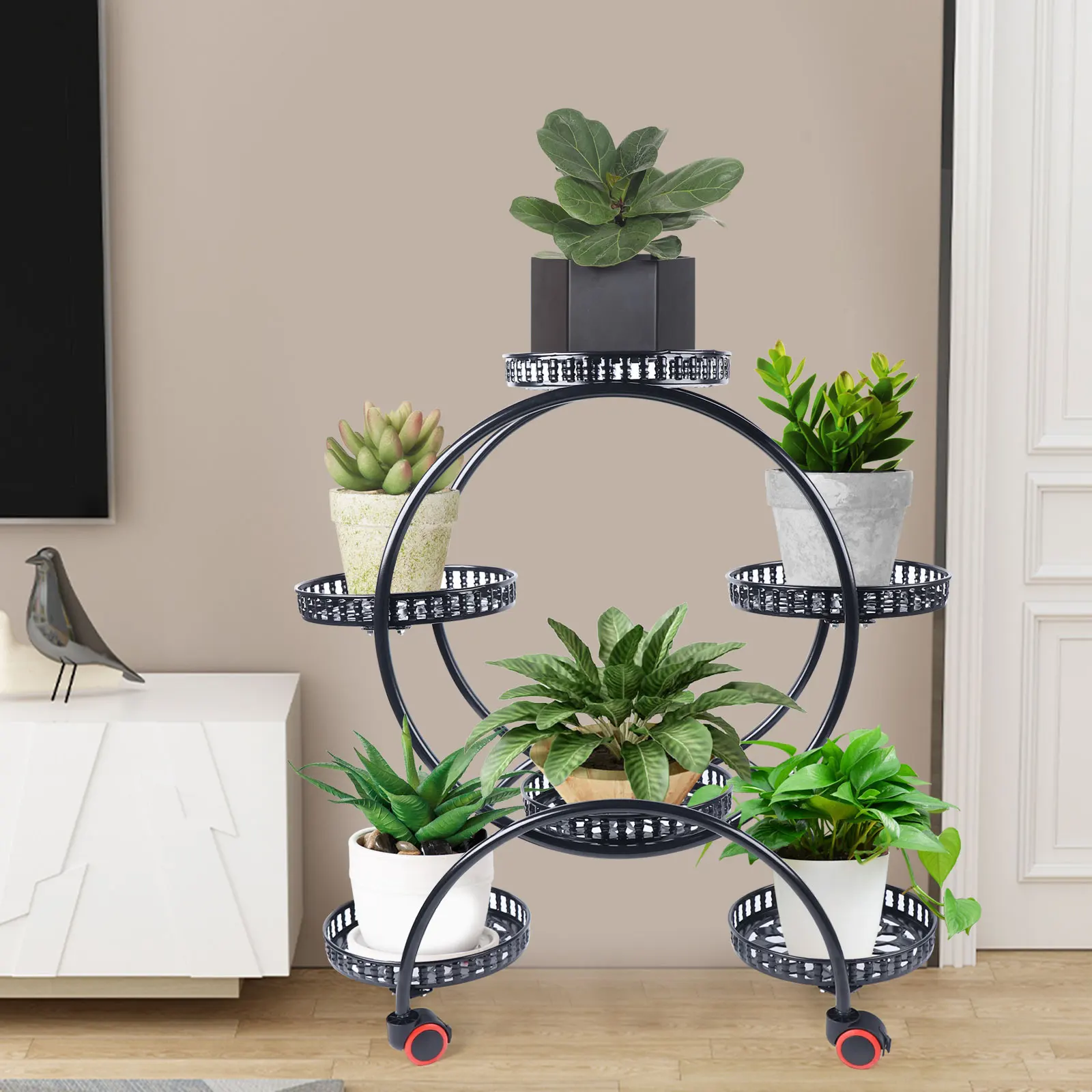 4 Tier Metal Flower Pot Portable Outdoor Indoor Plant Stand with Six Large Trays Outdoor Plant Stands Black(White/Black)