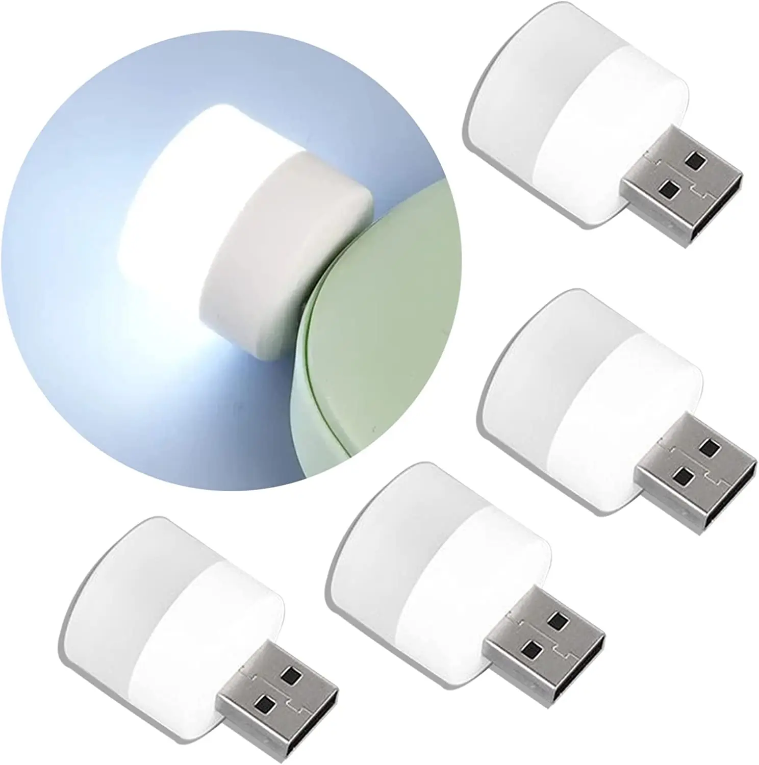 5pcs USB Plug Lamp Computer Mobile Power Charging USB Small Round Light LED Eye Protection Reading Light Night Lighting