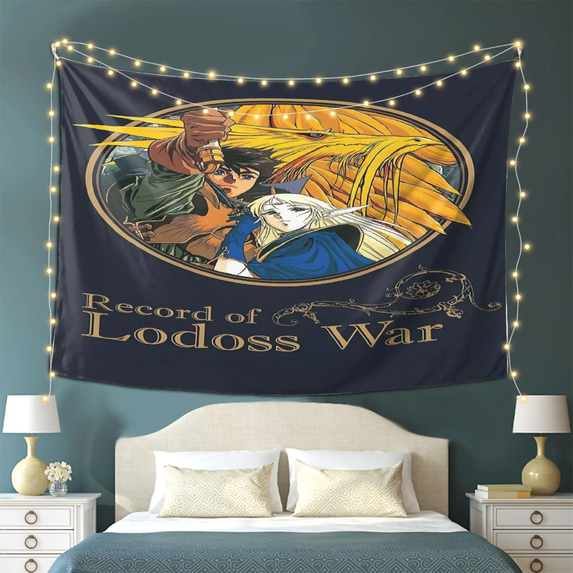 Tapiz decorativo de pared con diseño de anime Record of Lodoss War, póster horizontal de manga adecuado para decoración de dormitorio, sala de estar, poliéster ligero y duradero para uso en interiores y exteriores