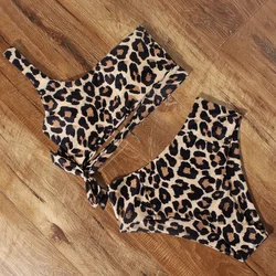 Conjunto de biquíni leopardo de cintura alta feminino, maiô sexy de um ombro, roupa de banho push up, 2022