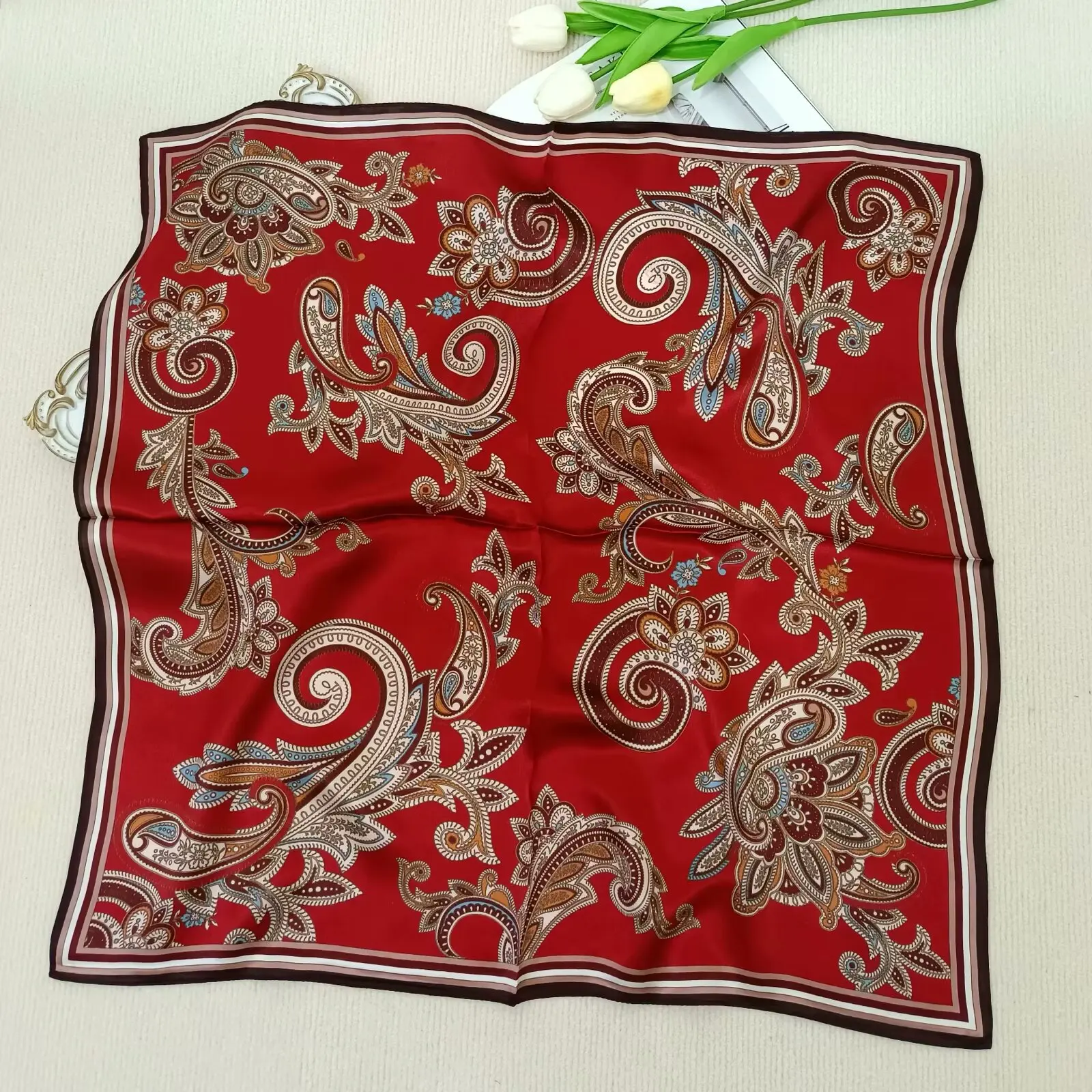 100% Silk Scarf With Paisley Print Bandana Women's Square Scarf, Classic Retro Red Scarf, Headband, Small Shawl, Waist Belt