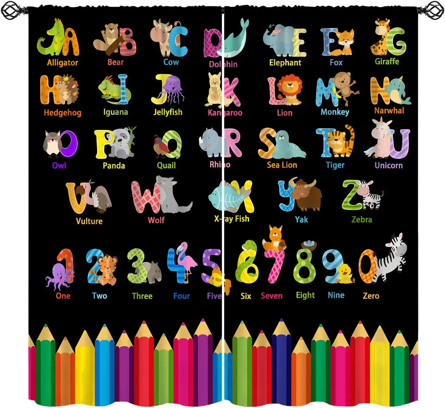 Cartoon ABC Alphabet Curtains, Colorful Animal Educational Print, Rod Pocket Window Drapes for Kids Nursery Bedroom Living Room