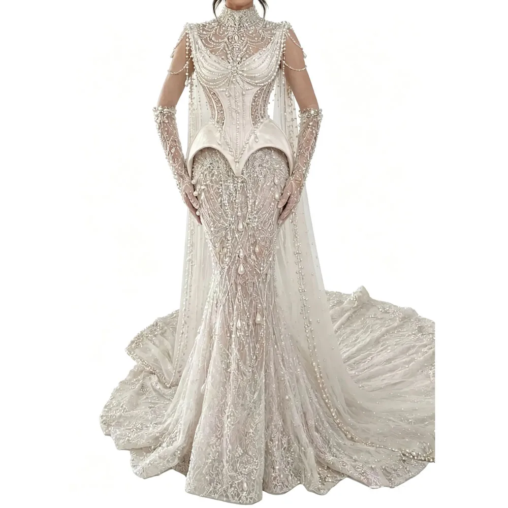 Luxuriöse elfenbeinfarbene Perlen-Abschlussballkleider, Naher Osten, Spitze, Perlenbesatz, langes Geburtstags-Abendkleid, maßgeschneiderte Hochzeits- und Partykleider, Roben