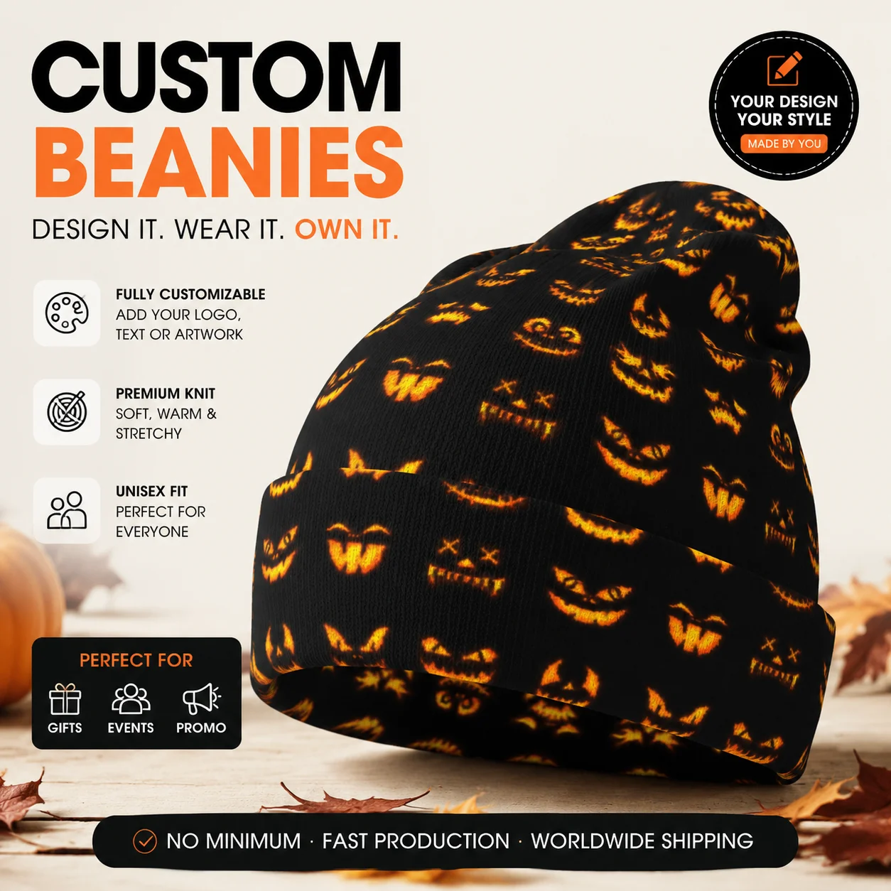 Custom Name Print Beanie Trick or Treat Halloween Knit Hat DIY Family Photo Winter Cap Warm Skullies Dropshipping Gift