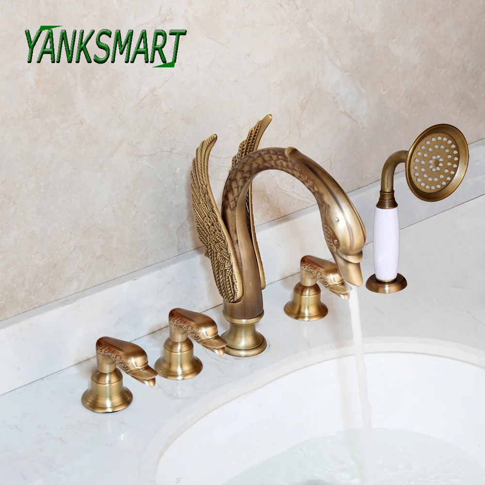 

YANKSMART Widespread Swan Bathroom Bathtub Faucet Deck Mounted 3 Handle Bath Shower Mixer Tap Set W/ Pull Out Handshower Head