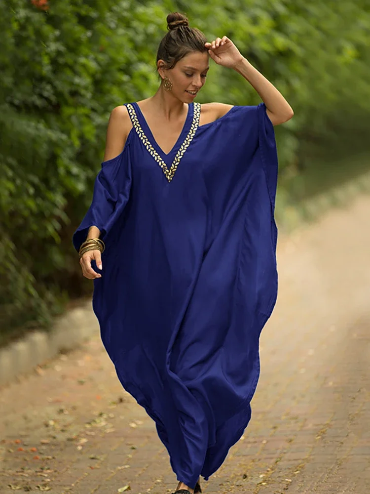 Cover-up Caftan Maxi Dress 2024 Robe De Plage Embroidery Beach Cover Up Women Kaftan Dress For Women Pareo Tunic For Swimwear