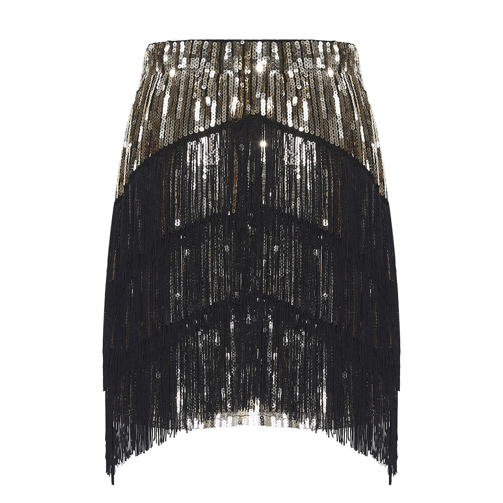 Minigonna da ballo latino scintillante da donna Gonna aderente con paillettes lucide e nappe a strati per abiti da ballo per feste di ballo latino Cha-Cha