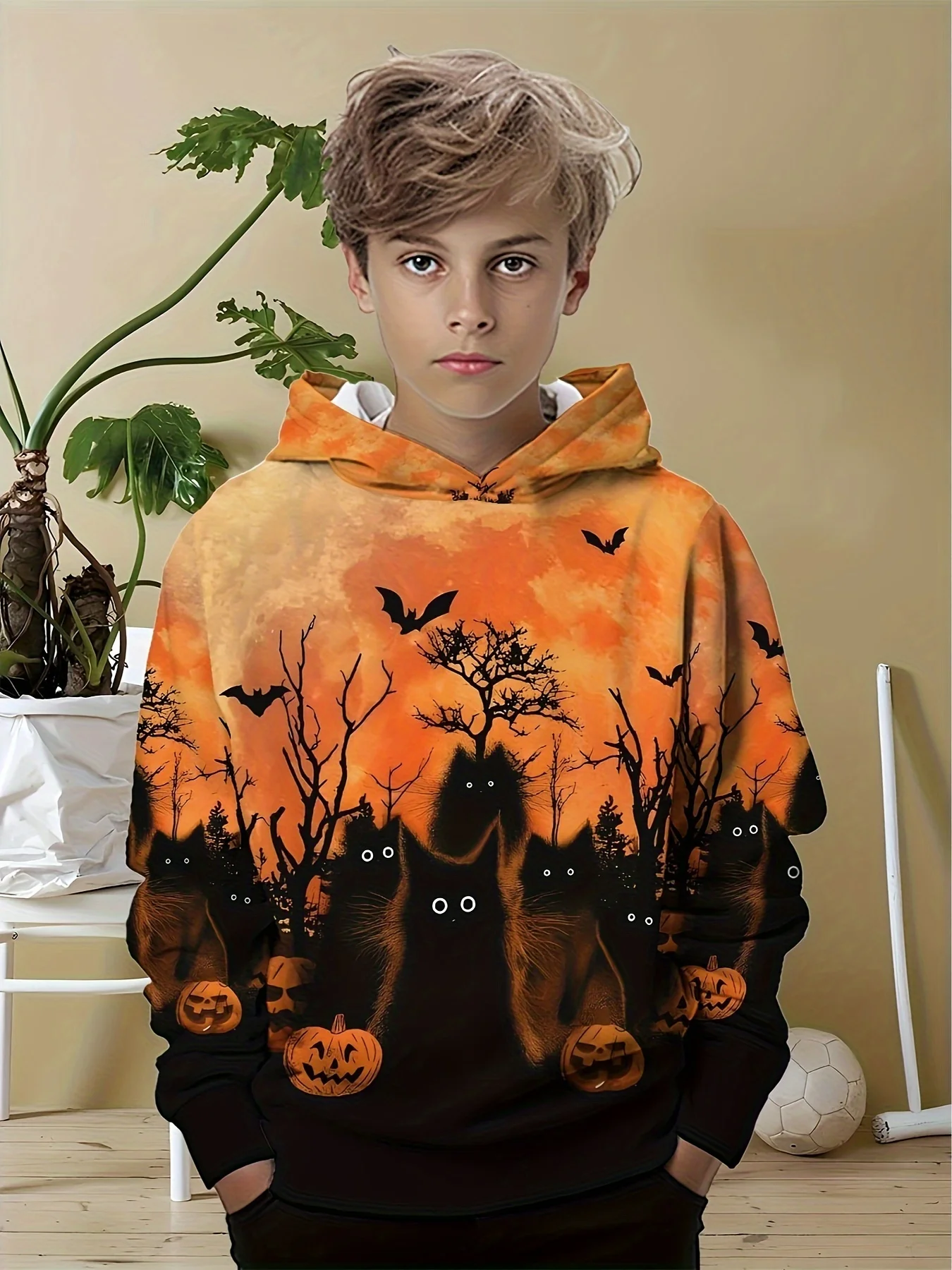 

Boys' Halloween Pumpkin and Kitten 3D Printed Hoodie, Casual Long Sleeve Hoodie, Children's Wear