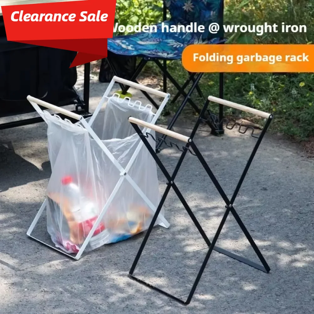 Shelf Foldable Debris Storage Rack Portable Plastic Garbage Bag Shelf Camping Wooden Handle Bracket Outdoor Household Garbage