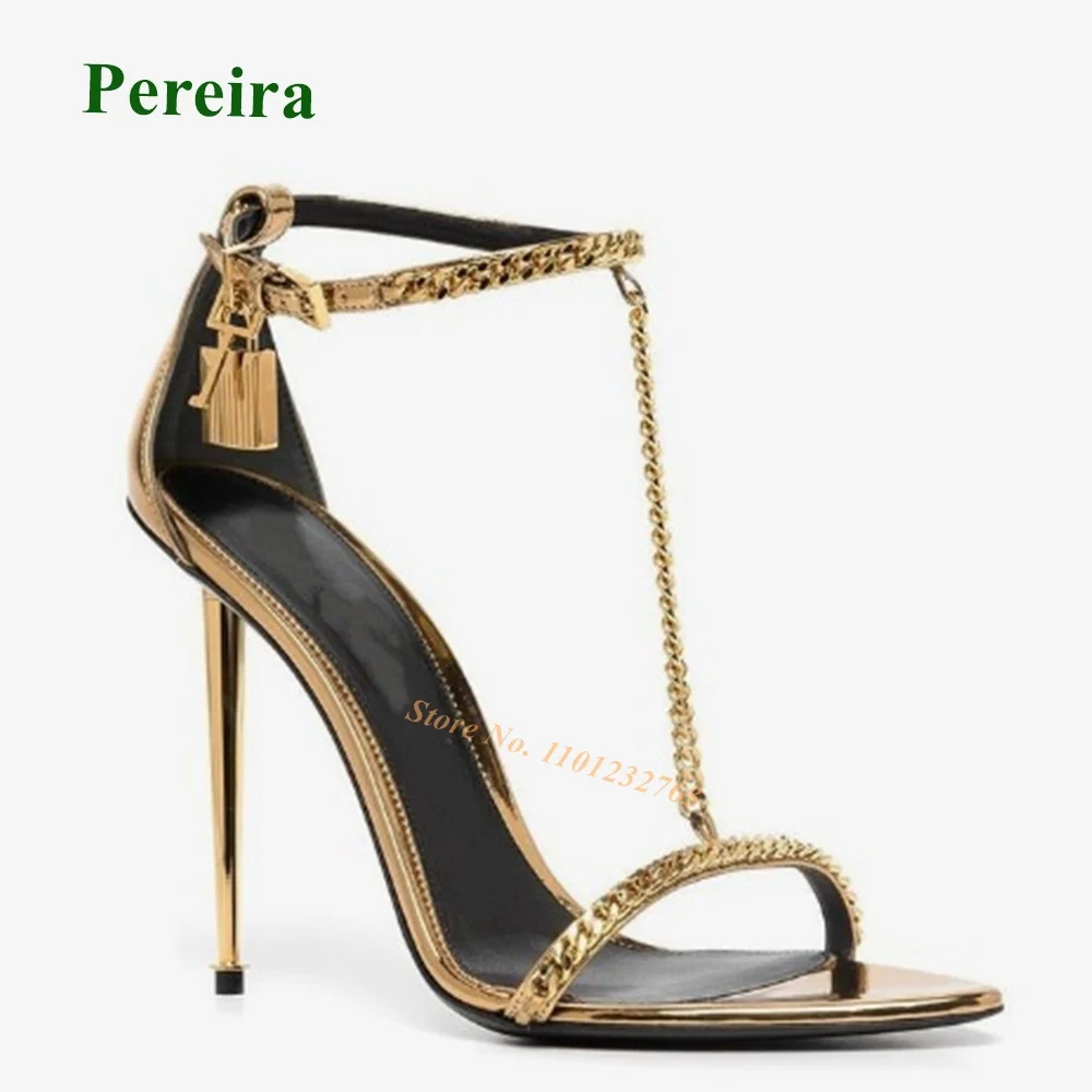 Chain Decor Metal Heels Sandals Padlock Buckle Strap Open Toe Women\'s Sandals Black Leather Luxury Elegant Party Shoes Big Size