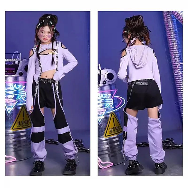 Girls Purple HipHop Clothes Tops Cargo Pants Jazz Dance Outfit Street Dance Performance Costume Cheerleading Show Wear DL10898