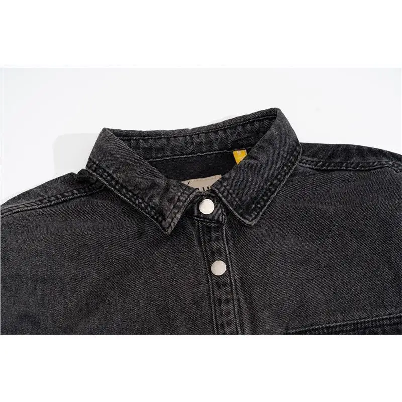 

Yellow Letter Print Oversize Long Sve American Sle Denim Jaet Loose Fit Casual irt for Men All Seasons Wear