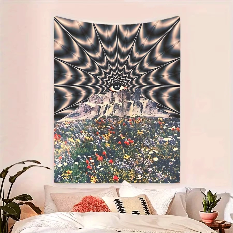Psychedelic Eye Over Mountain and Flowers Wall Tapestry Surreal Wall Hanging All-Seeing Eye Tapestry Printing Wall Tapestry