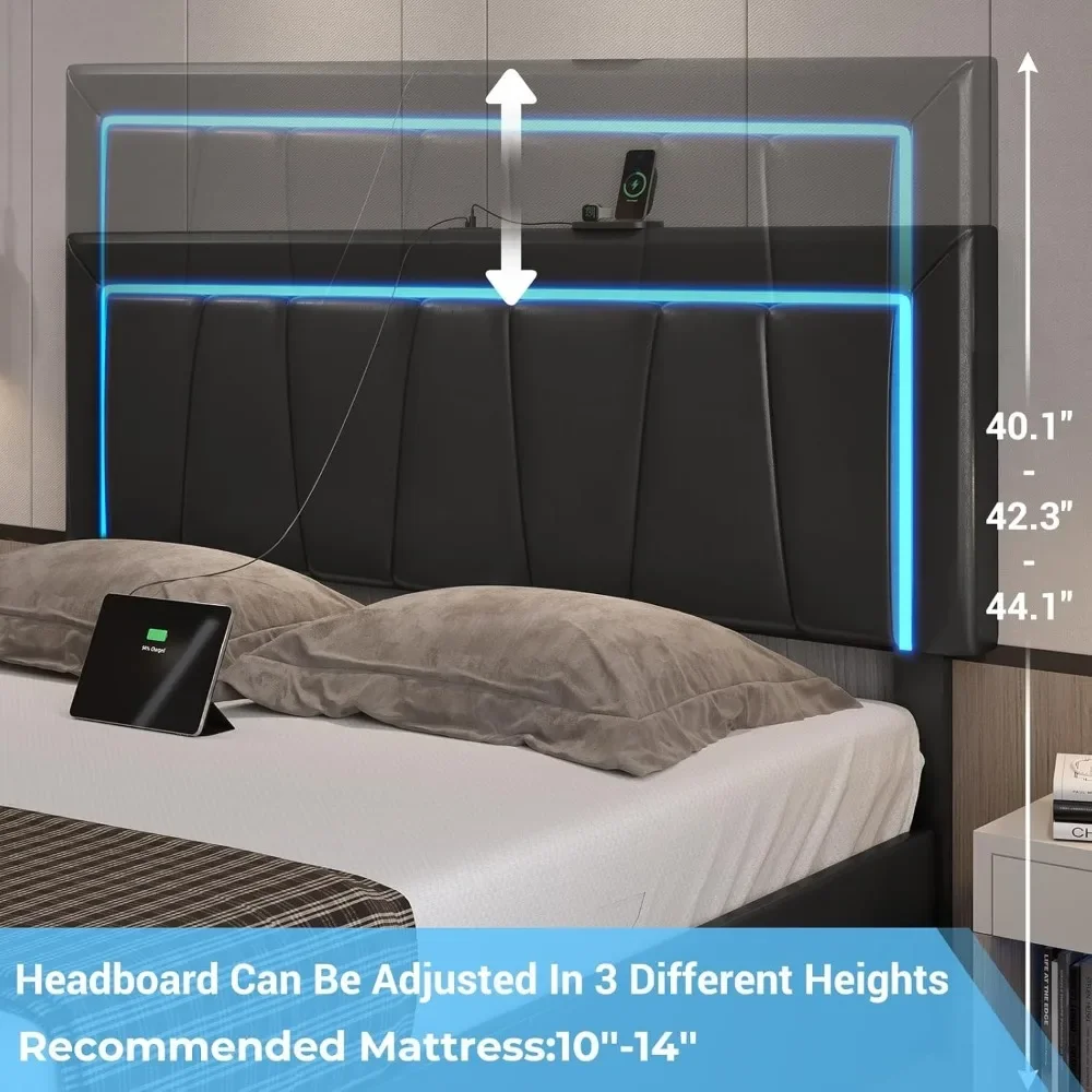 California bingkai tempat tidur King dengan 4 laci penyimpanan dan lampu Led berlapis kain penyimpanan Platform bingkai tempat tidur California port USB