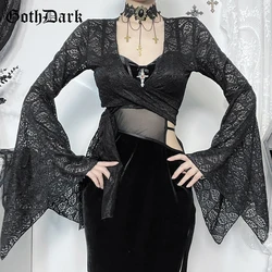 Goth Dark Techwear E-Girl Cropped Coat, Mall Gothic Flare Sleeve, Casacos Curtos De Bandagem, Laço Grunge, Sexy Sheer Shrug Tops, Alt Goth