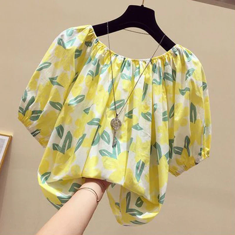 Floral Print Chiffon Chic Bohemian Slash Neck Strapless Women\'s Blouse Shirt Short Sleeve Loose Pullover Blouses Summer Z559