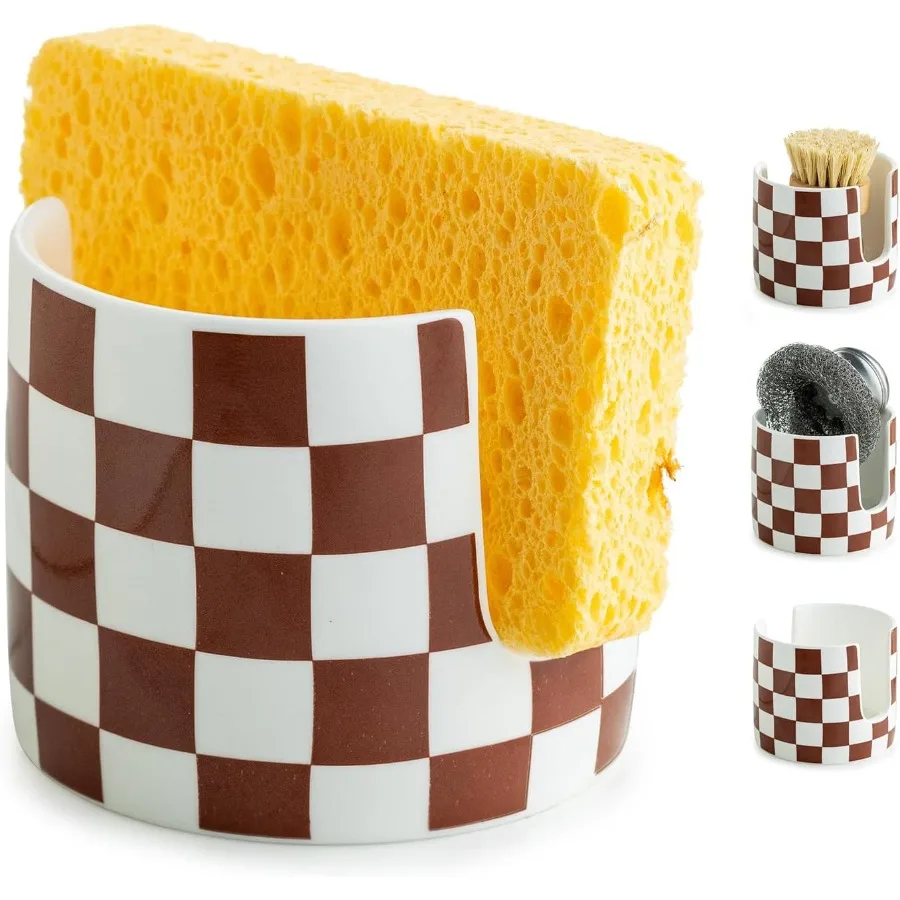 

Checkered Sponge Holder for Kitchen Sink Ceramic Dish Sponge Drying Caddy Scrubby Holder Kitchen Organizer Cute Dish Rack for S