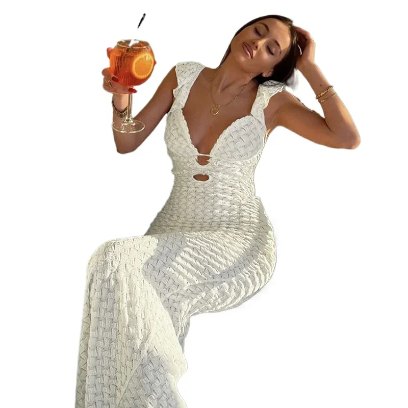 

Sexy V-Neck Backless Lace-Up Hollow out Slim Fit Waist Cinching Dress for Spring 2025 - New Style