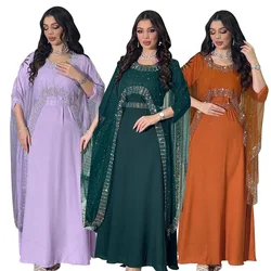 Conjuntos muçulmanos elegantes mulheres muçulmanas verão manga longa com decote em v poliéster roxo 2 peças vestido casaco conjuntos de correspondência muçulmano abaya
