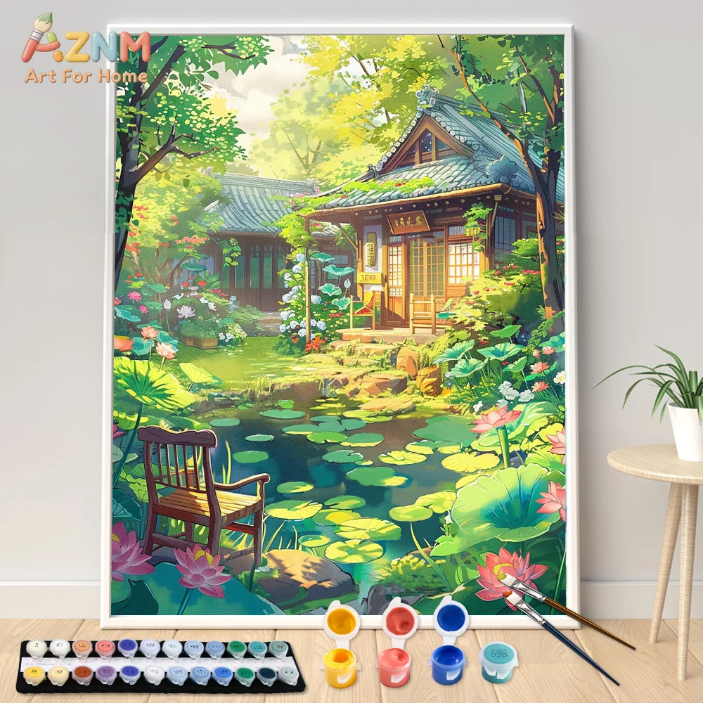 AZNM Anime Style Chinese Ancient Courtyard Canvas Wall Art Green Lotus Pond Traditional Wooden House Scenery Serene Natural Land