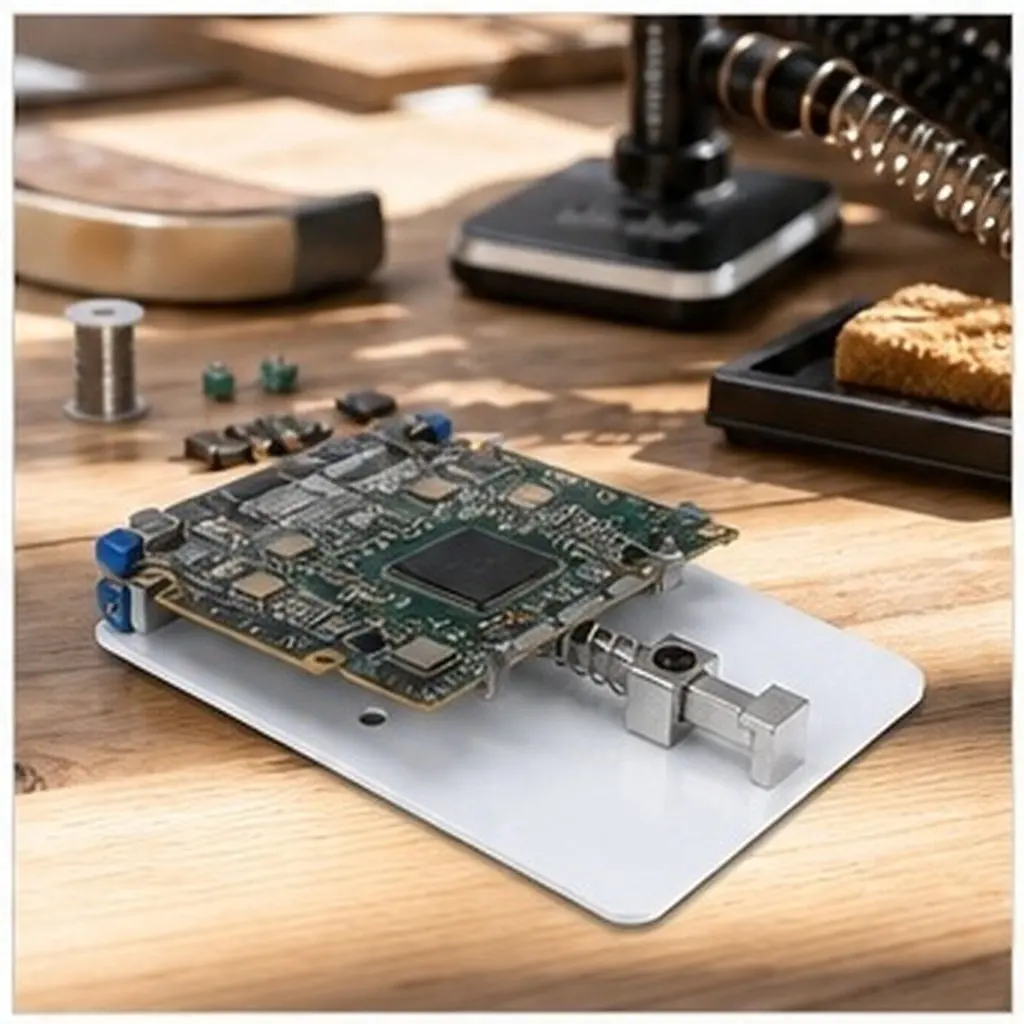 Dispositivo de fixação profissional para placa-mãe, para reparos, com base de aço fundido de alta resistência, fivela de mola ajustável, parafuso rotativo e base antiderrapante.