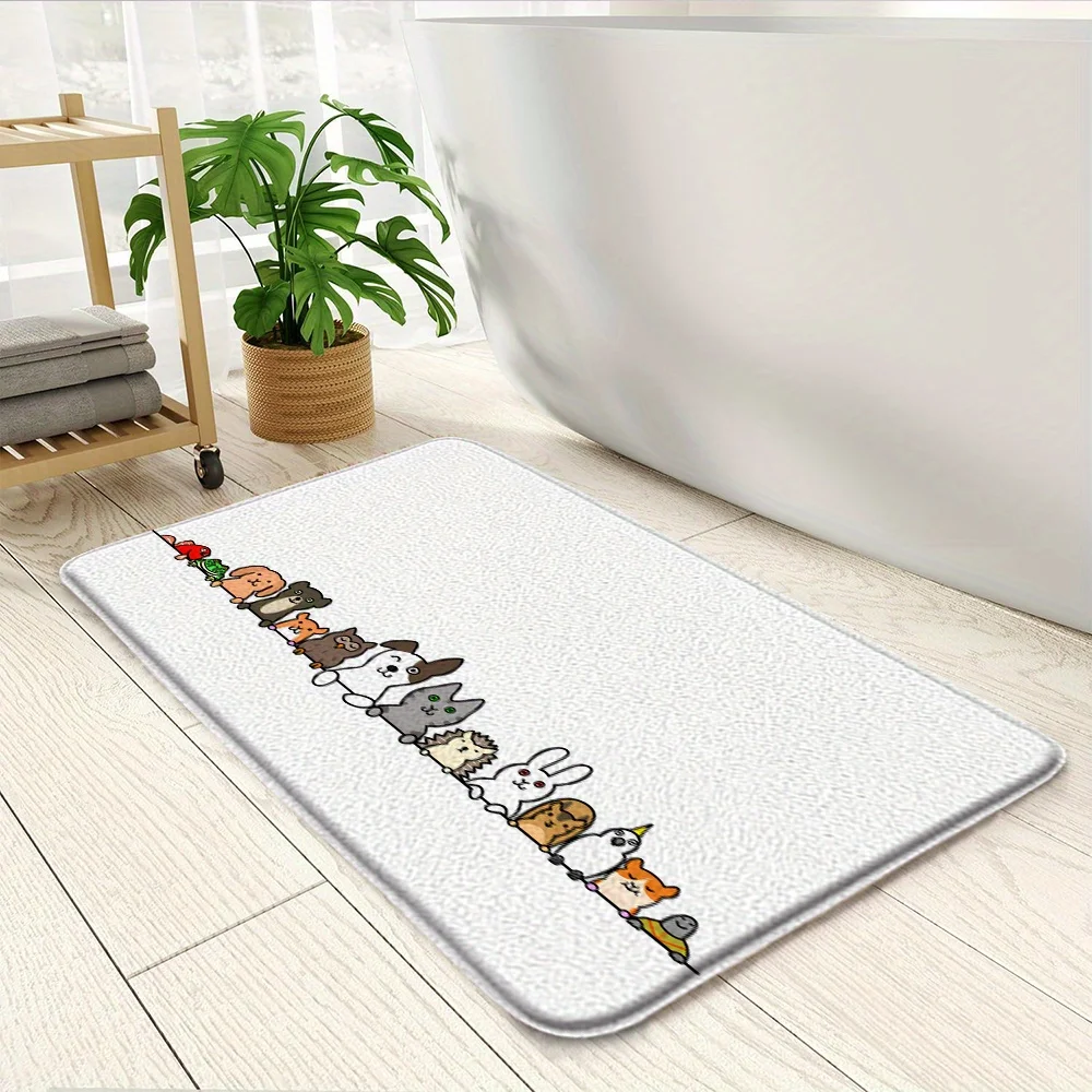 Illustrated Animal Border Doormat – 10 Cartoon Figures on Textured White Base,40x60cm Decorative Indoor Floor Mat