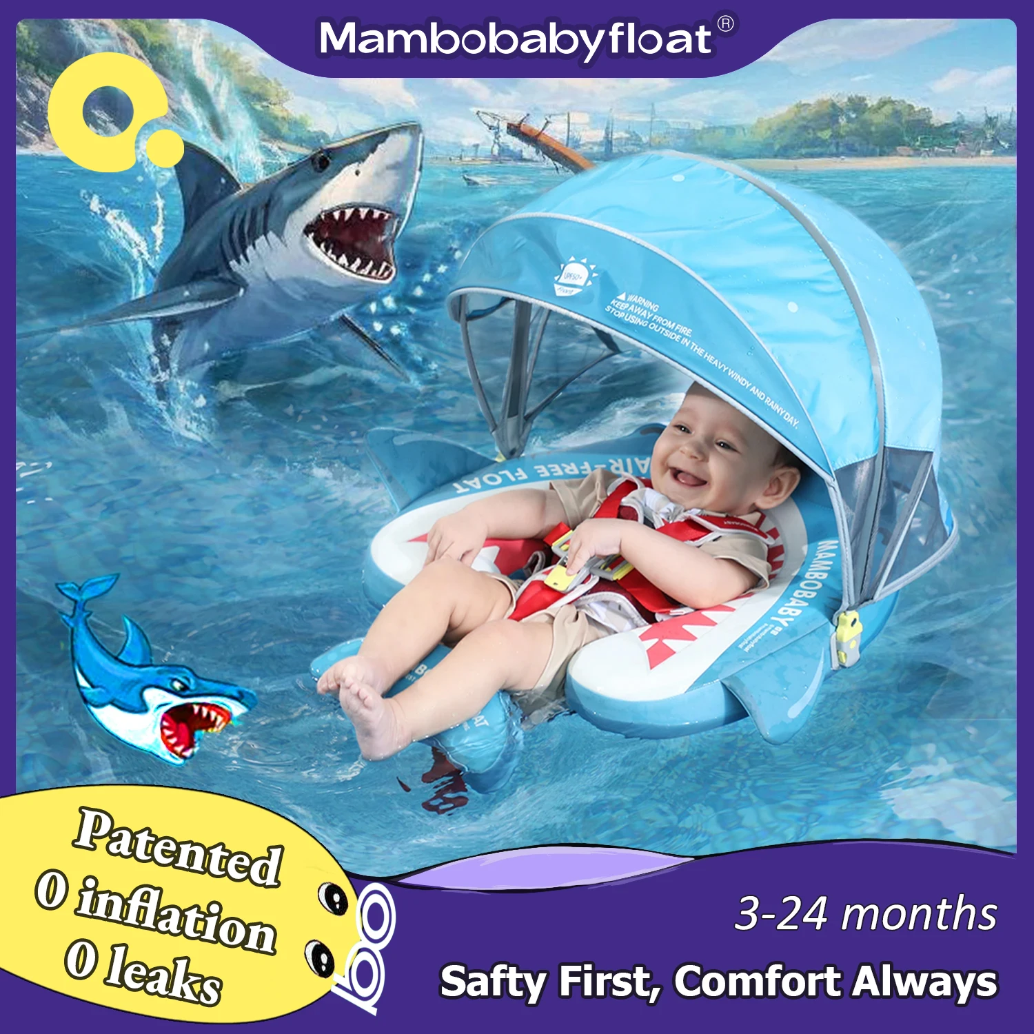 

Mambobaby Float Safe Solid Core Comfort Skin-friendly Design with Canopy Baby Swimming Ring Toddler Pool Float Infant Water Ring