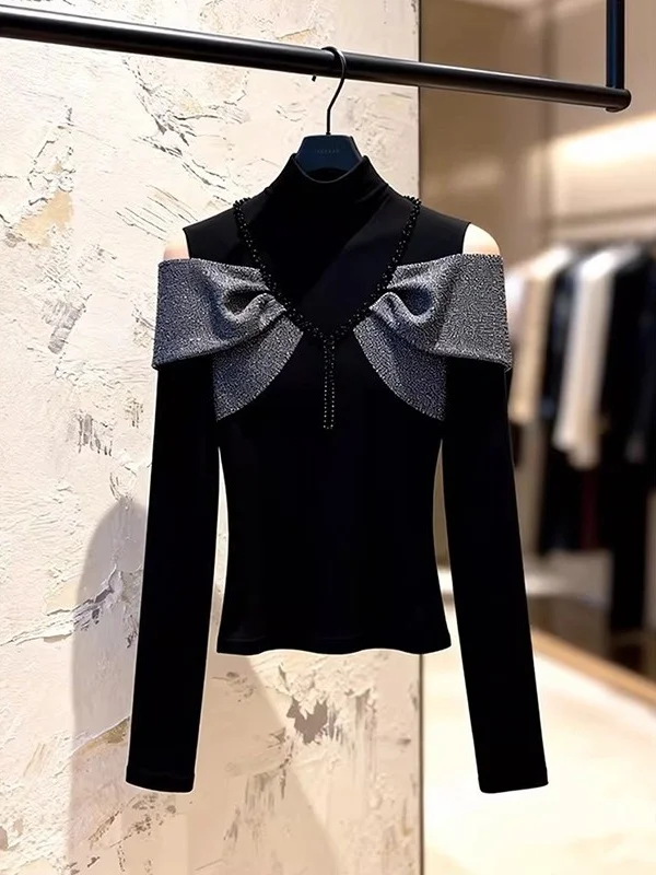 

Весна 2026: Элитный топ с уникальным дизайном, открытыми плечами и вставками, женская модная одежда во французском стиле, приталенный крой, длинный рукав, футболка-лонгслив.