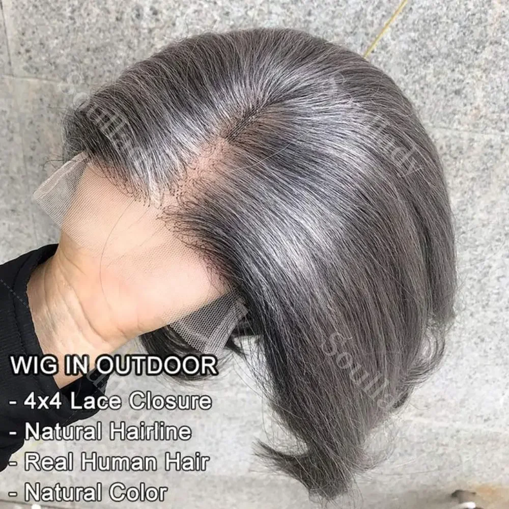 

Chic Silver Gray Straight Short Bob Wig Salt and Pepper Real Human Hair Colored Grey 5x5 Lace Closure Wigs For Seniors Over 50s