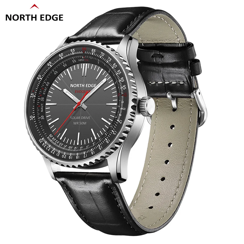 NORTH EDGE EVOQUE 3 Pilot Series Watch For Men Aviation Military Solar Powered Watch Leather Strap Luminous Stainless Steel Case