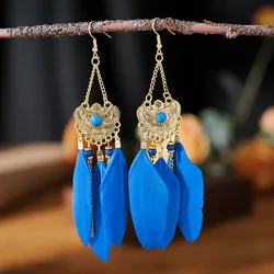 Fashion Bohemian Colorful Feather Earrings for Women Lady Ethnic Style Long Geometric Earring Female Jewelry Accessories Gift