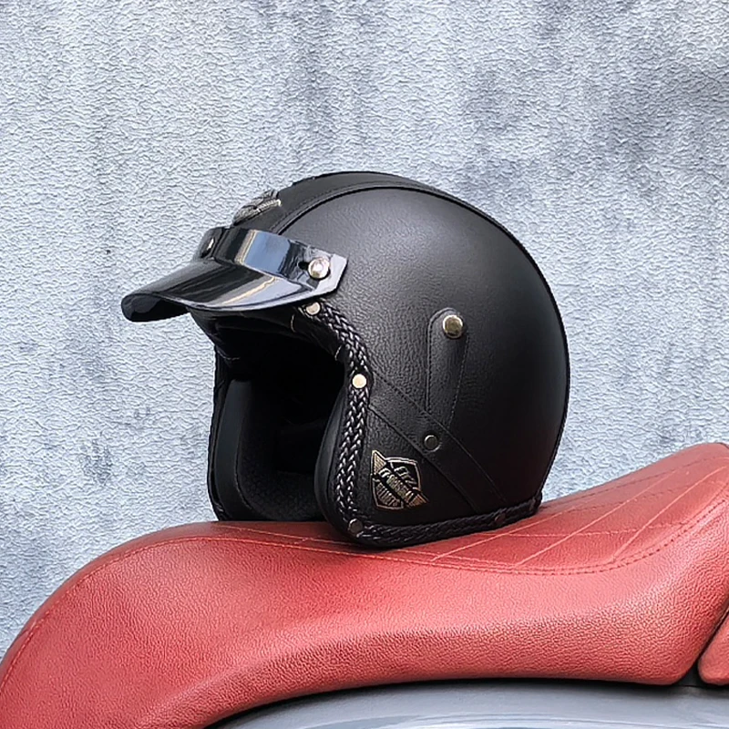 ORZ Retro Crocodile Leather 3/4 Open Face Motorcycle Helmet