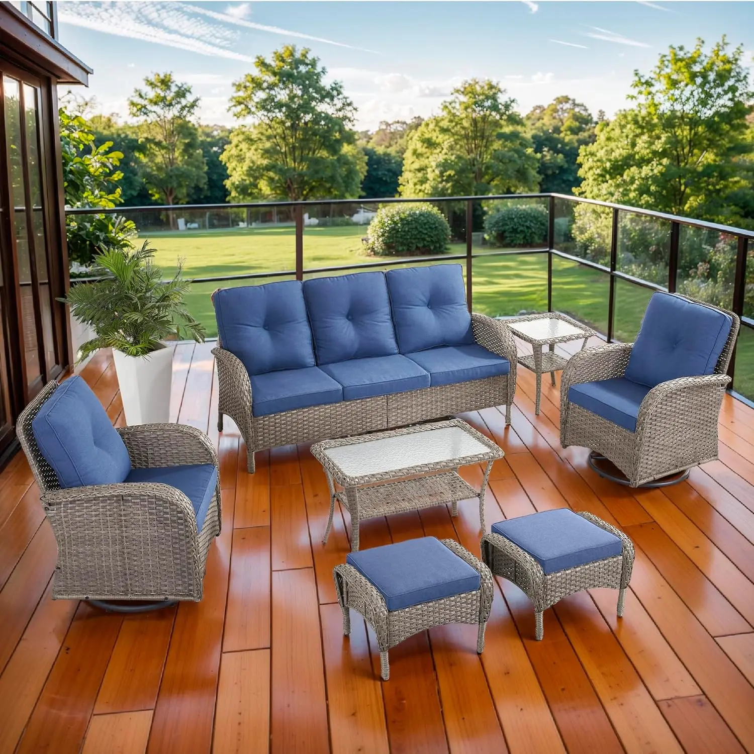 

7 Piece Patio Furniture Set - Wicker Patio Conversation Set with Swivel Glider, 3 Seat Sofa, 2 Ottomans, Glass Side, Customized