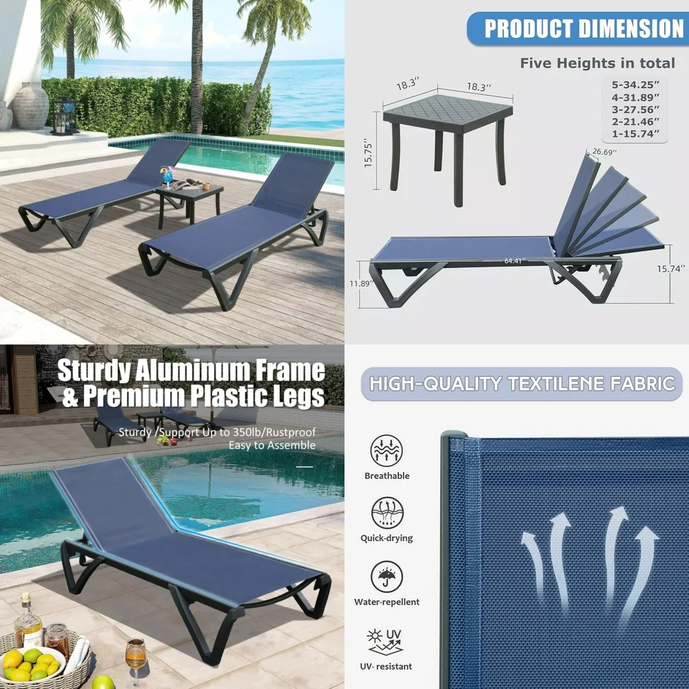 Beach Chairs3 Piece Aluminum Outdoor Lounge Chair Set for Patio Beach Yard Navy Blue