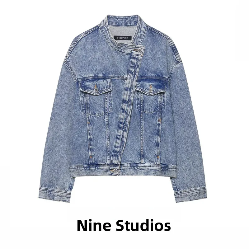 

Retro ket Decor Double Front Denim Jaet Casual Loose Women's Outerwear European Sle Cotton Ladies ort Coat