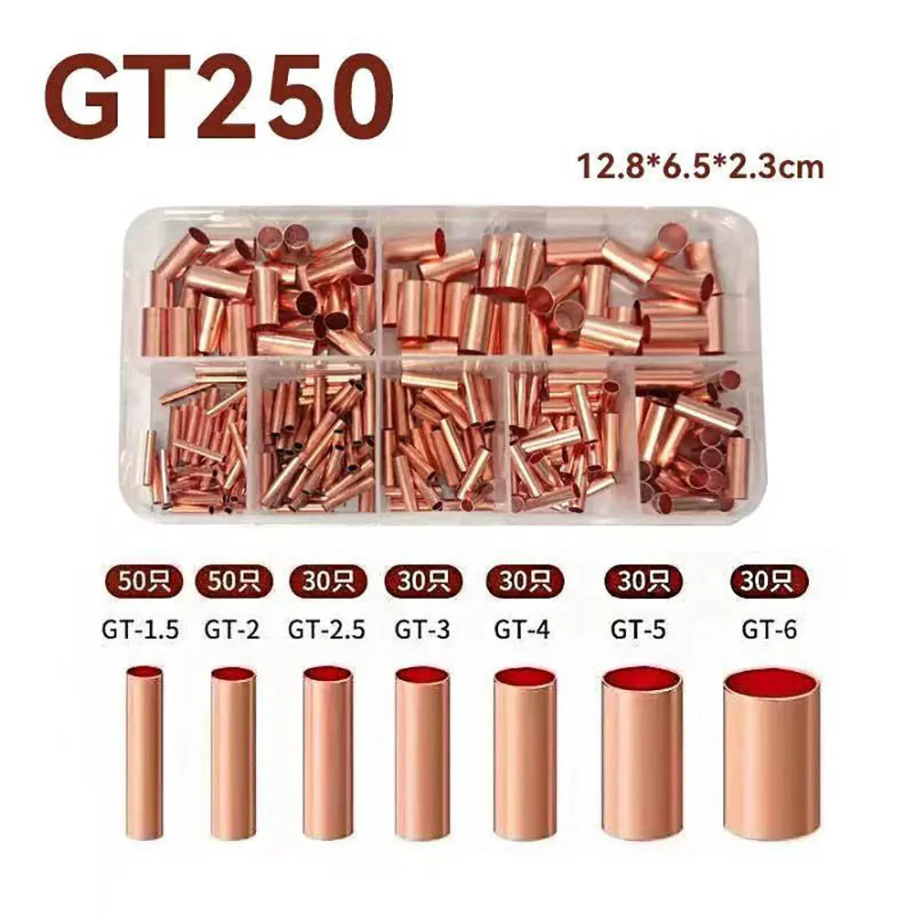 250Pcs Wire Ferrules Kit 7 Size Copper Crimp Connector Non Insulated Electrical Butt Terminal Assortment Kit