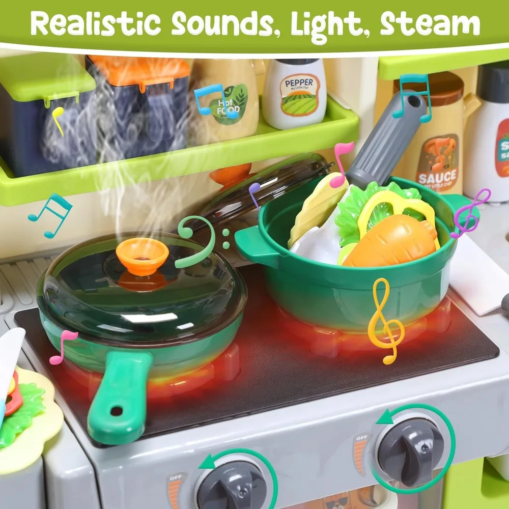 Set da gioco da cucina per bambini, cucina finta con suoni e luci, fornello a vapore, lavello da gioco e cibo da gioco