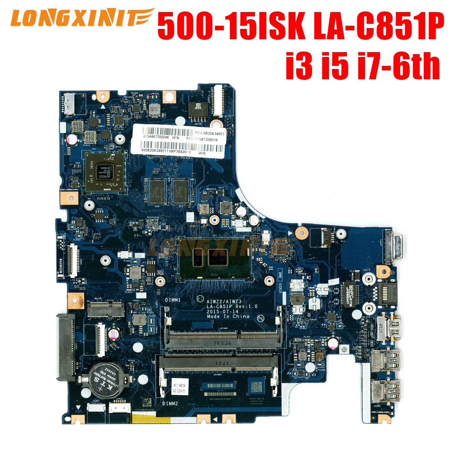 LA-C851P For Lenovo 500-15ISK Laptop Motherboard Mainboard CPU I3-6100U I5-6200U I7-6500U R7 M360 2G DDR3