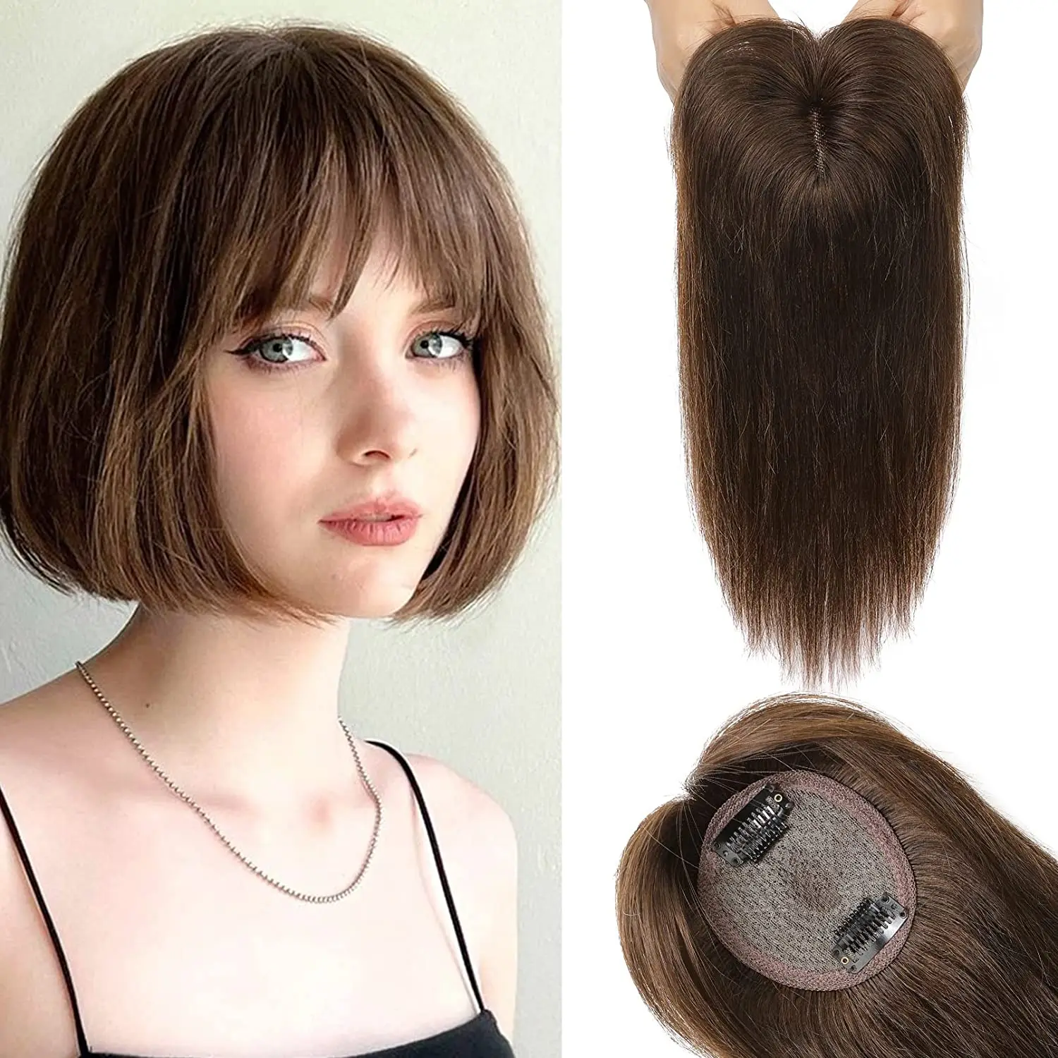 

Vsr Brown Color 7X9cm Human Hair Topper Hairpieces with 2 Clips Women Toppers For Mild Hair Loss Volume