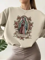 Women's Sweatshirts Women's Floral Virgin Mary Print Round Neck Autumn Sweatshirt Hoodie Vintage Essential Women Sweatshirt 2024