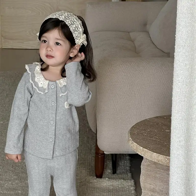 

2025 Autumn New Baby Long Sleeve Clothes Set Girls Solid Lace Collar Cardigan + Flare Pants 2pcs Suit Toddler Casual Outfits
