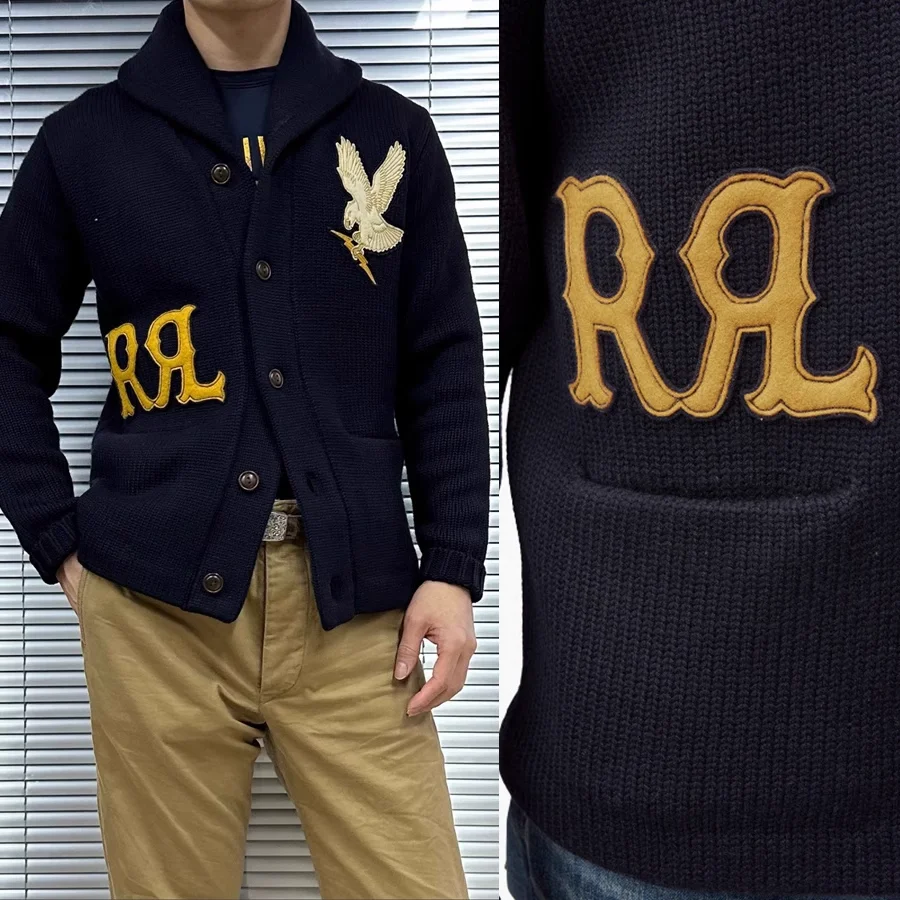 RL Heavy Eagle Badge Navy Retro Twist Blended Knitting Needle Blue Cardigan Sweater