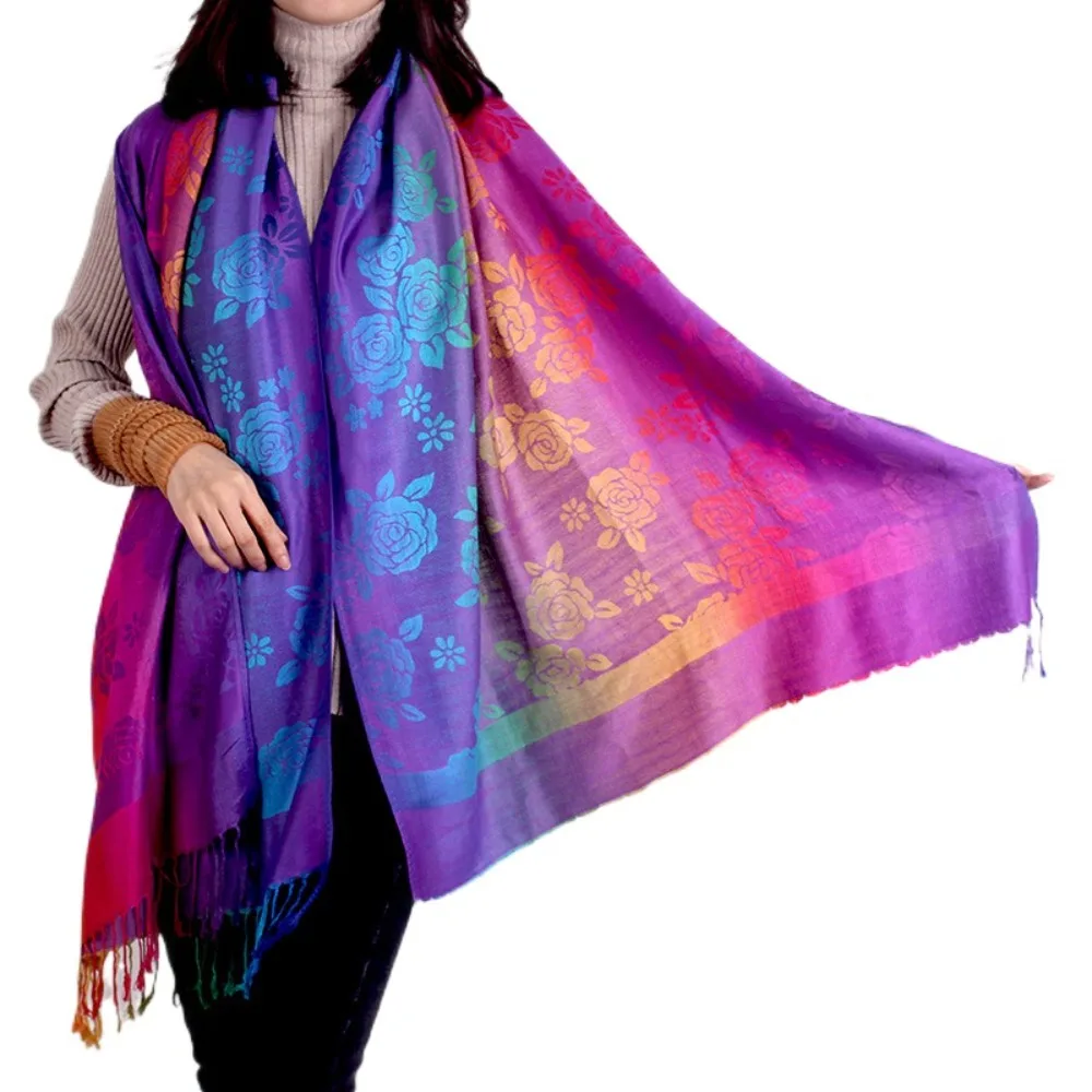 

Luxury Retro Ladies' Shawl Ethnic Style Colorful Gradient Scarf Rose Print Soft Long Fringed Scarf for Women