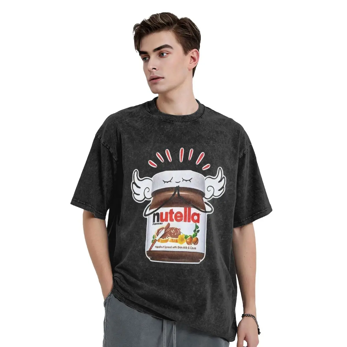Funny Nutella Washed T Shirts Vintage Short Sleeve Hip Hop T-Shirt Streetwear Tops Tees for Men Women