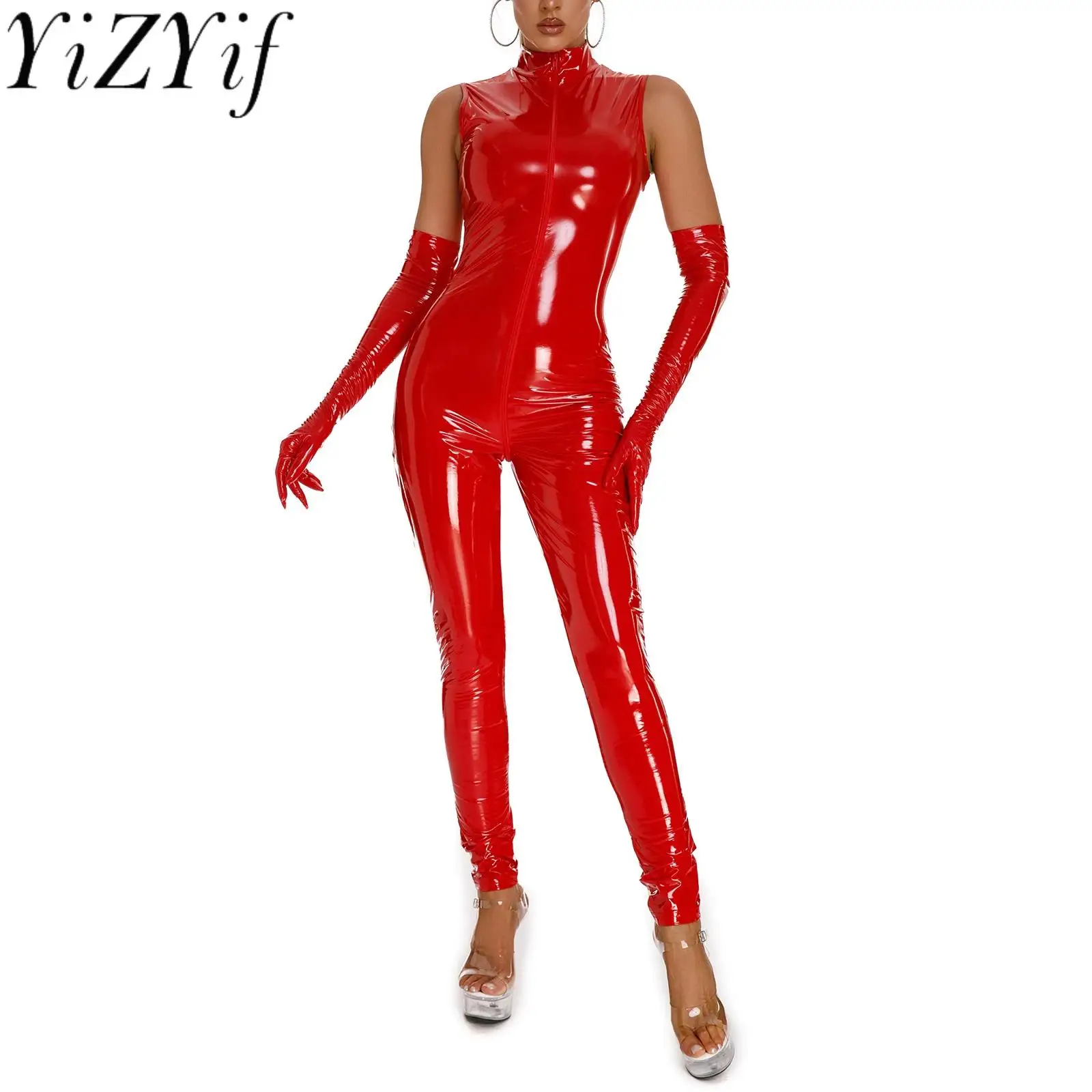 

Women's Jumpsuit Liquid Wet Look One Piece Leotard Sleeveless Zipper Crotch Bodysuit Catsuit Romper Pole Dance Rave Clubwear