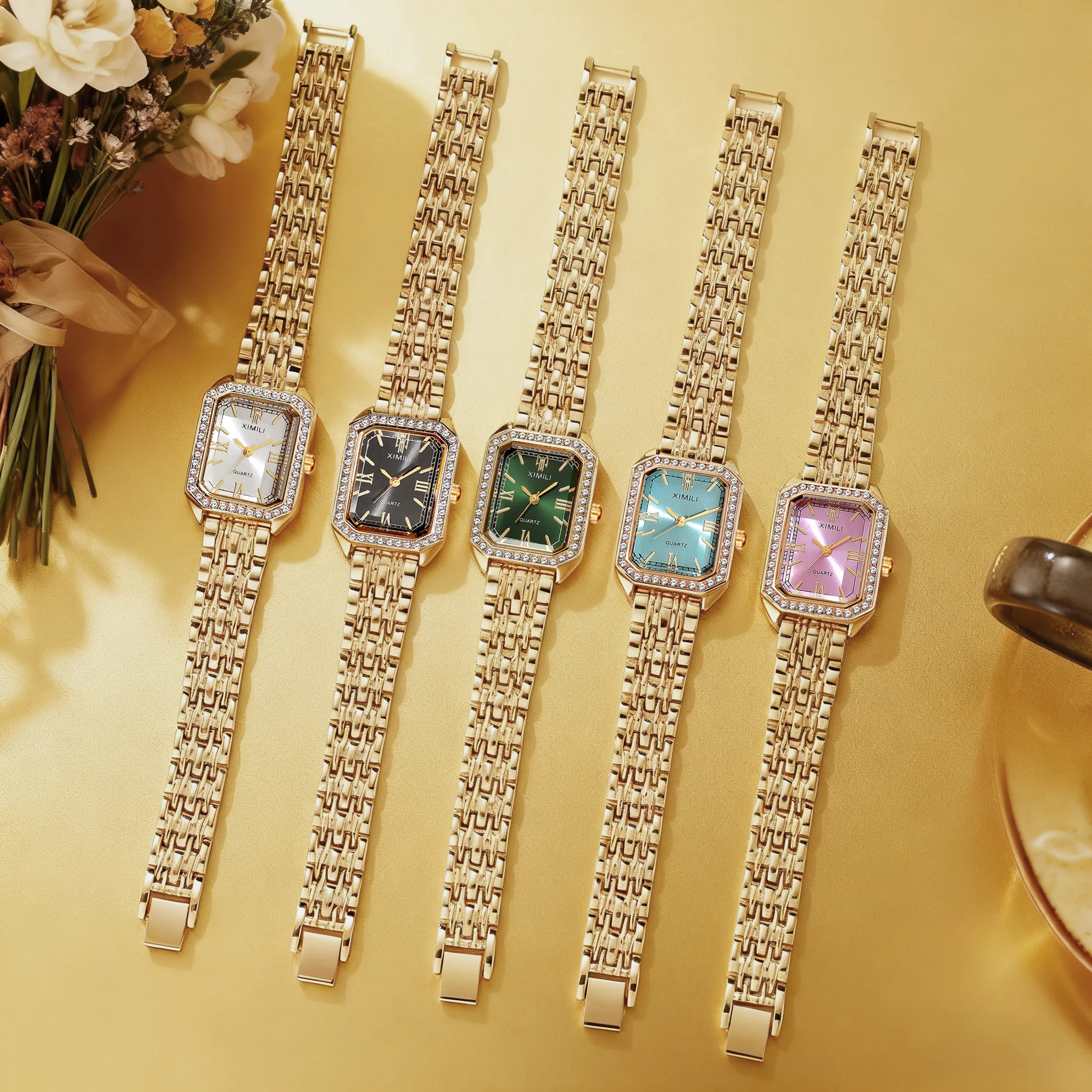 

Роскошные женские часы с квадратными бриллиантами, золотой браслет, разноцветный циферблат, элегантные кварцевые наручные часы для женщин, идеальный подарок для любимой.