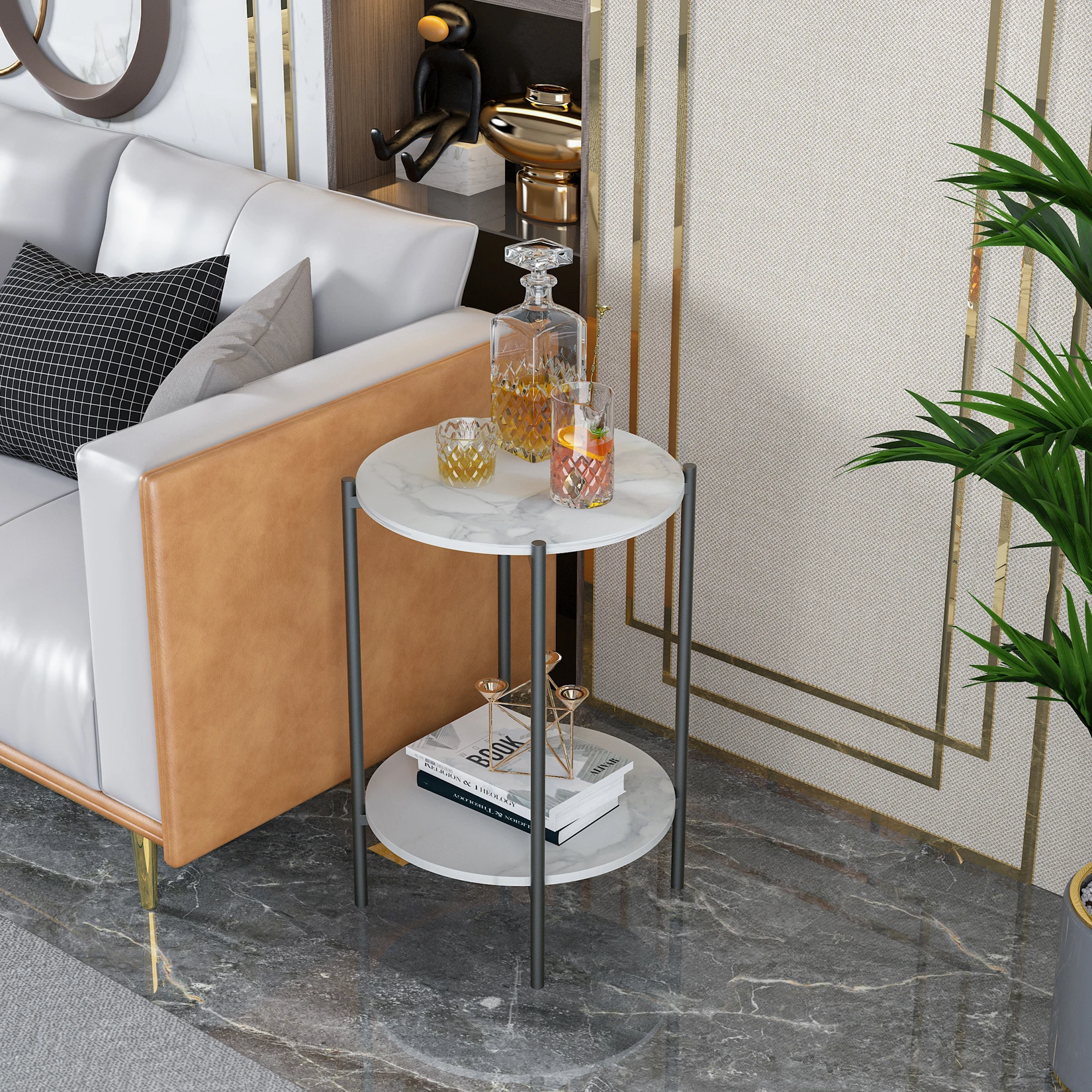 Wisfor End Table Glossy Sintered Stone Table Round Nightstand for Living Room Bedroom Modern Accent Table with Black Metal Frame